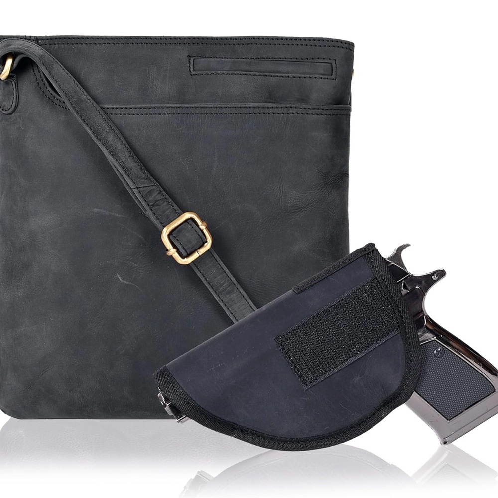 Multi-Pocket Leather Crossbody Bag with Detachable Holster (Black Hunter color)